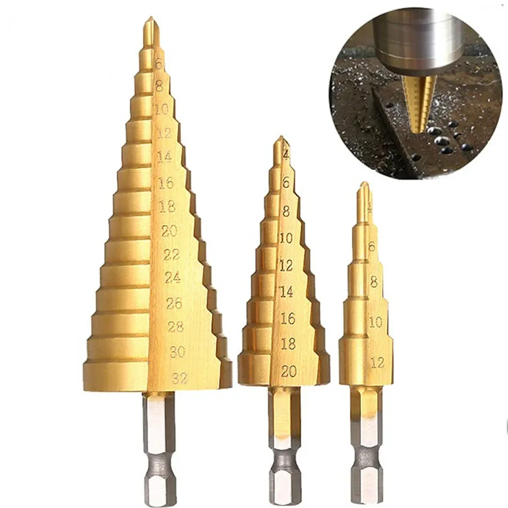 4Size HSS Titanium Coated Step Drill Bit Drilling Power Tools for Metal High Speed Steel Wood Hole Cutter Cone Drill