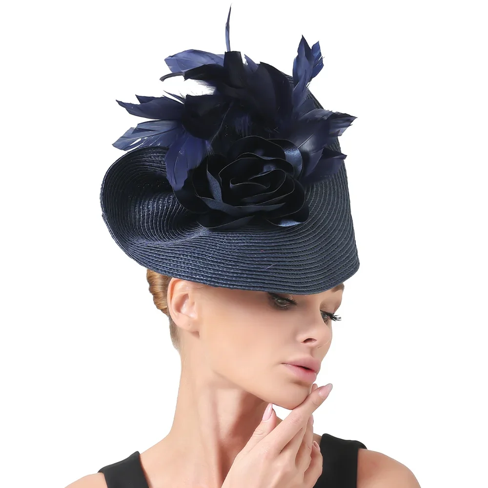 

Charming Fascinator Hat For Women Elegant Weddings Pillbox Cap With Flower Luxury Party Derby Hat Navy Femme Mariage Chapeau