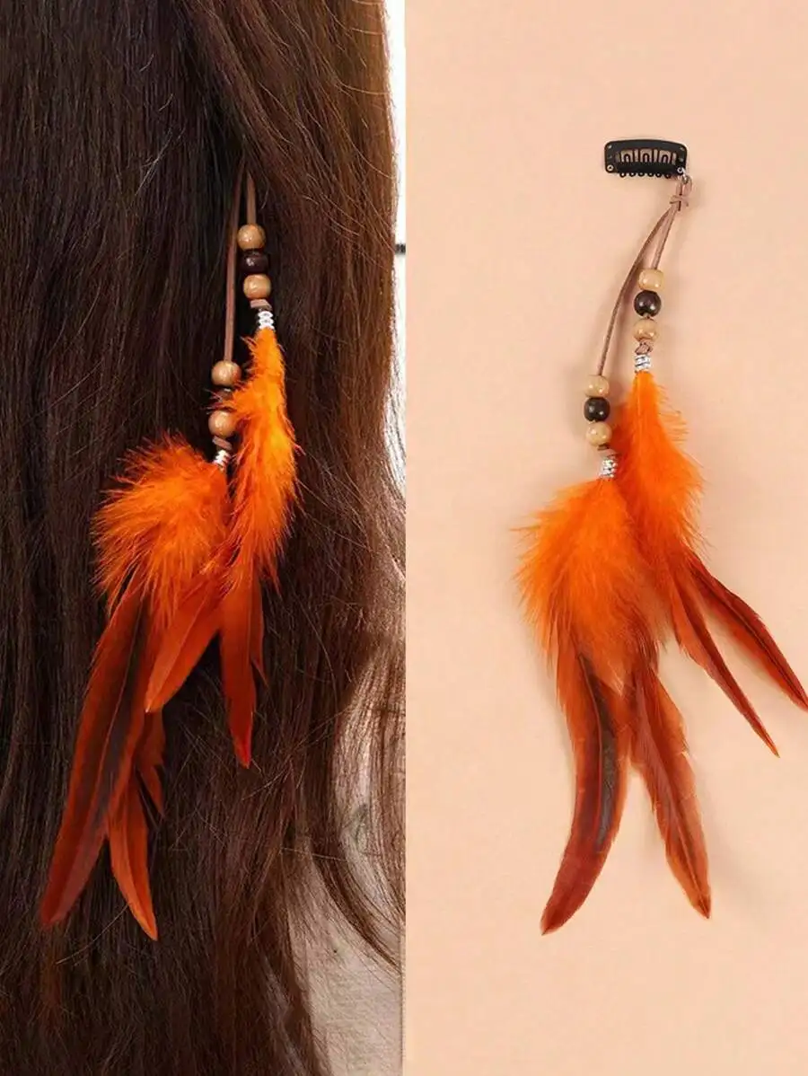 

Orange Feather Hair Clip With Beads Bohemian Style Women Hair Accessory