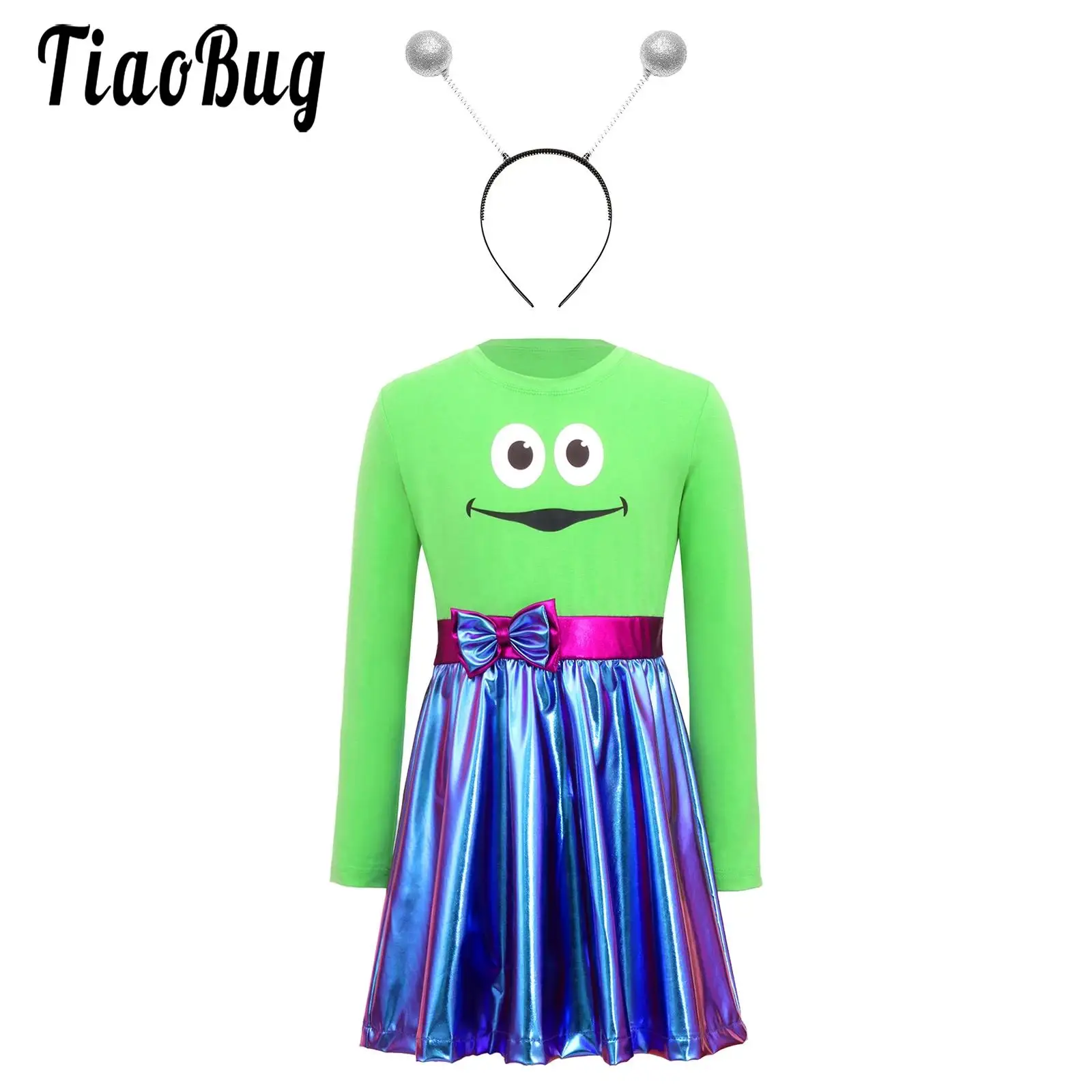 Trajes de dibujos animados para niñas con diadema, vestido tutú metálico con lazo en la cintura y estampado infantil, estilo línea A, para Halloween, actuaciones y fiestas
