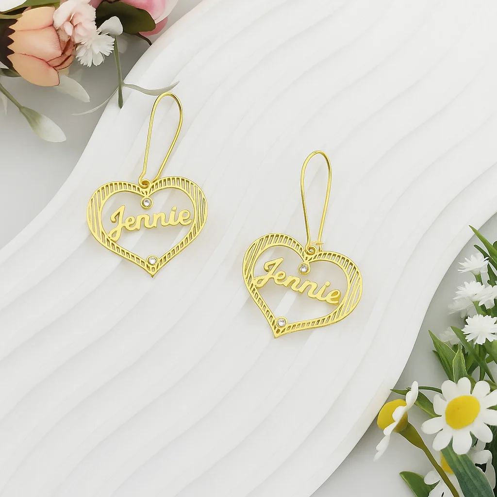 

Custom Name Birthstone Heart Earrings Hollow Out Script Pendant 18KGold Plated Dangle Drop Romantic Women Jewelry Gift for Her