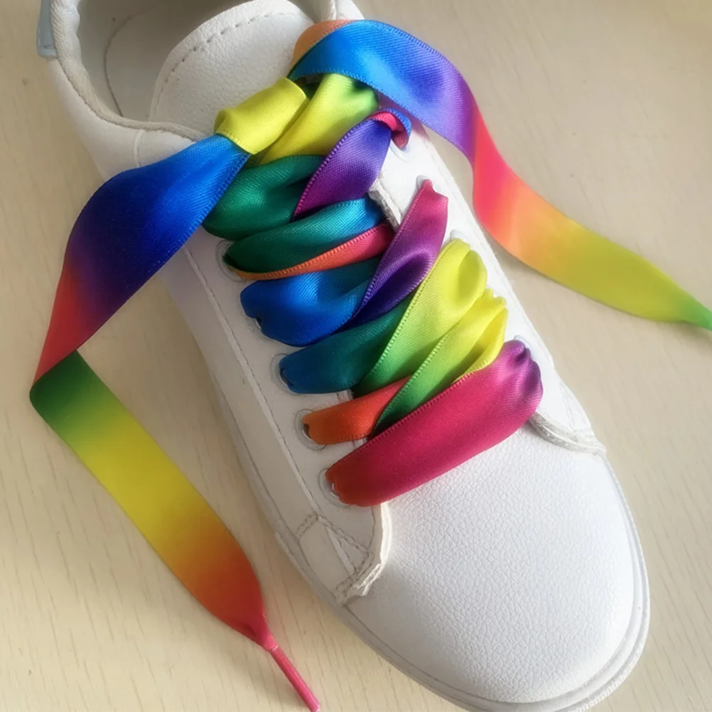 2 Pairs Rainbow Shoelaces Fine Workmanship Polyester Ribbon Glossy Sports Shoes Tie