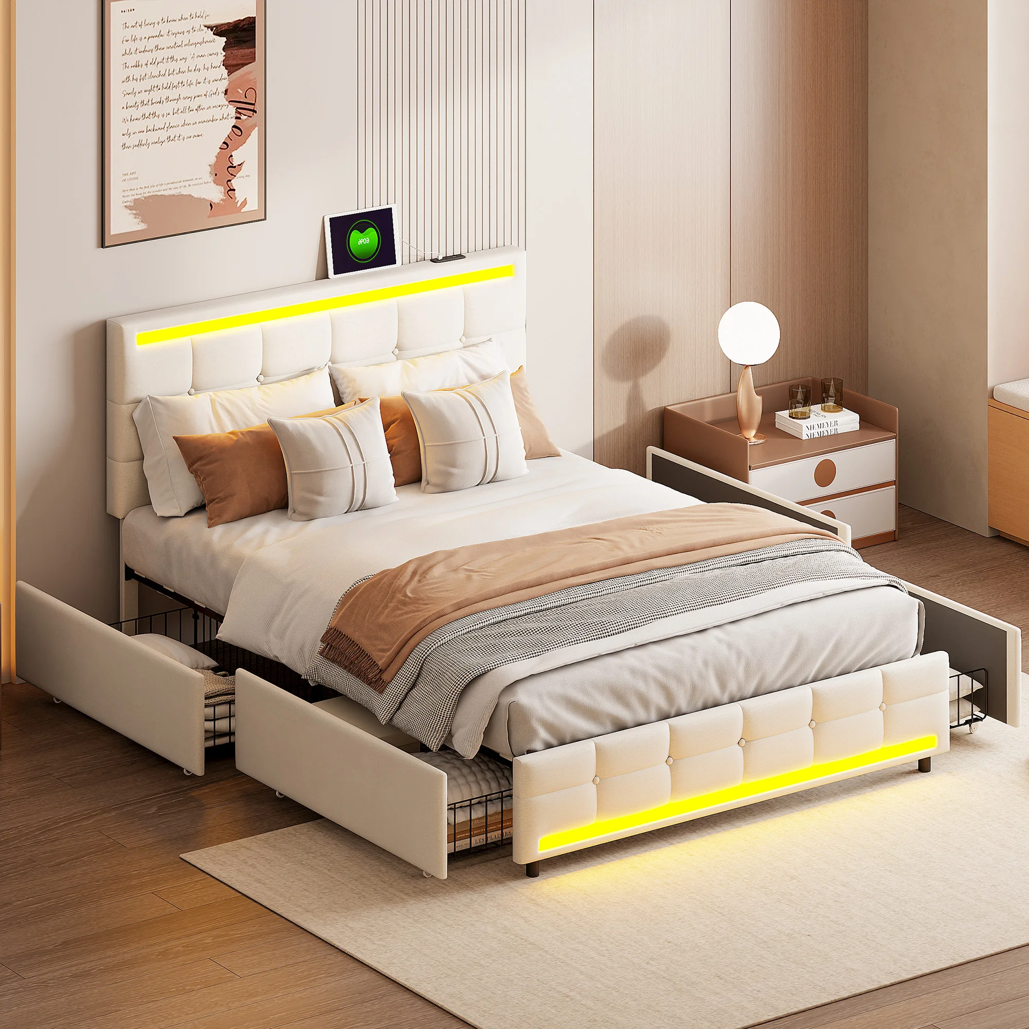 Double Bed, Upholstered Bed 140 x 200 cm, LED Bed Frame with 2 USB Charging Stations, Storage Bed with 4 Drawers