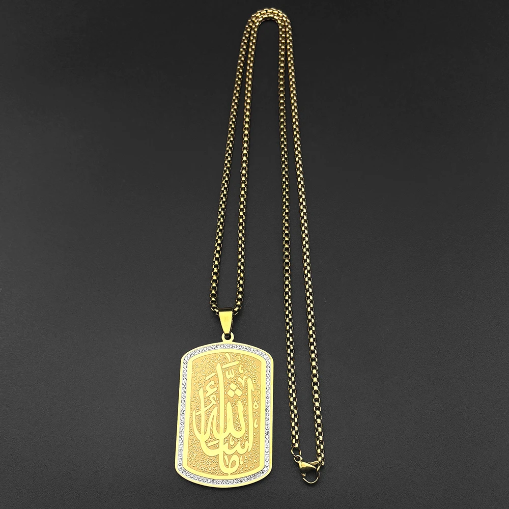 Stainless Steel Muslim Islam Quran Allah Chain Necklaces for Women Men Gold Color Rhinestones Pendants Necklaces Jewelry Gift