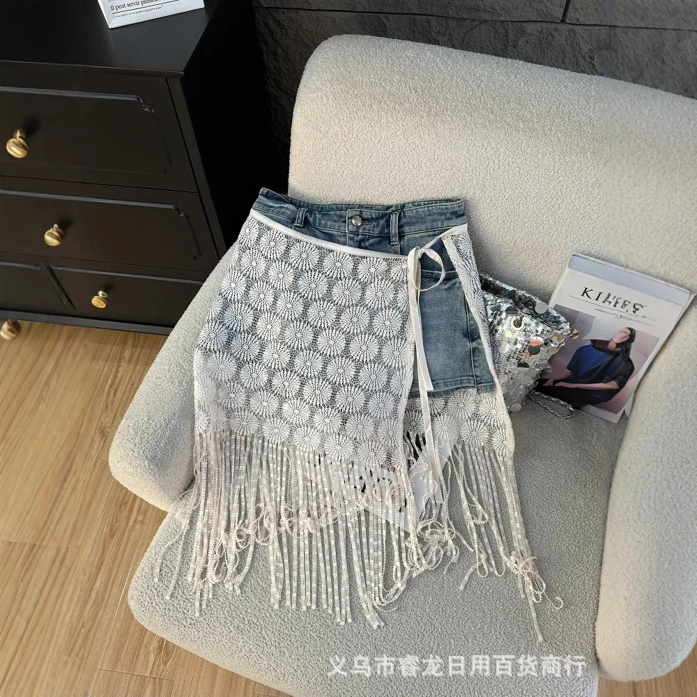 White Lace Pannier Skirt for Women, Korean Ins Tie Side Half Skirt, Romantic Niche Design with Large Hem, Versatile Layering