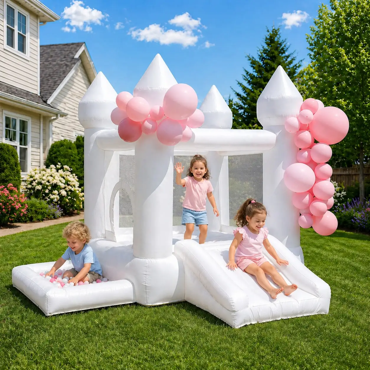 (Come with Blower) 9x9x7ft Inflatable White Bounce Castle with Slide & Ball Pit For Kids High-Quality Oxford For Indoor and Outdoor Family at Birthdays and Celebration