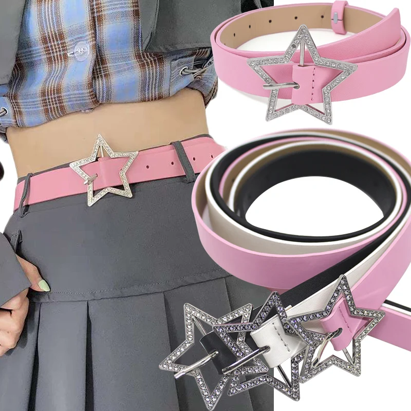 Pink Leather Elastic Rhinestone Star Buckle Belt Y2K Binding Embellished Waistband Pentagram Retro Bride Decoration Accessories