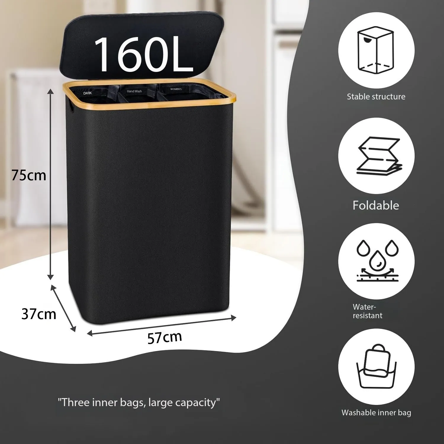 سلة الملابس القذرة سلة الخيزران لغرفة النوم مع جيب داخلي مع غطاء سلة تخزين الملابس القابلة للطي مع ملصق تصنيف