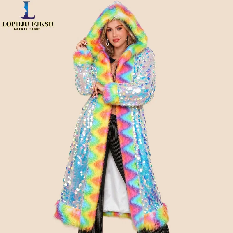 Faux Fur Coat for Women,Covered Button Jacket,Female Clothes,Hooded Outwear,Luxury,Sequins,Spliced,Autumn and Winter,2026