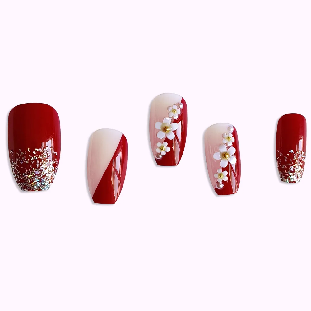 24pcs Glossy Red Press on Nails with White flowers Decor Coffin Head Fake Nails Full Cover Wearable Sweet Korean False Nails view 3