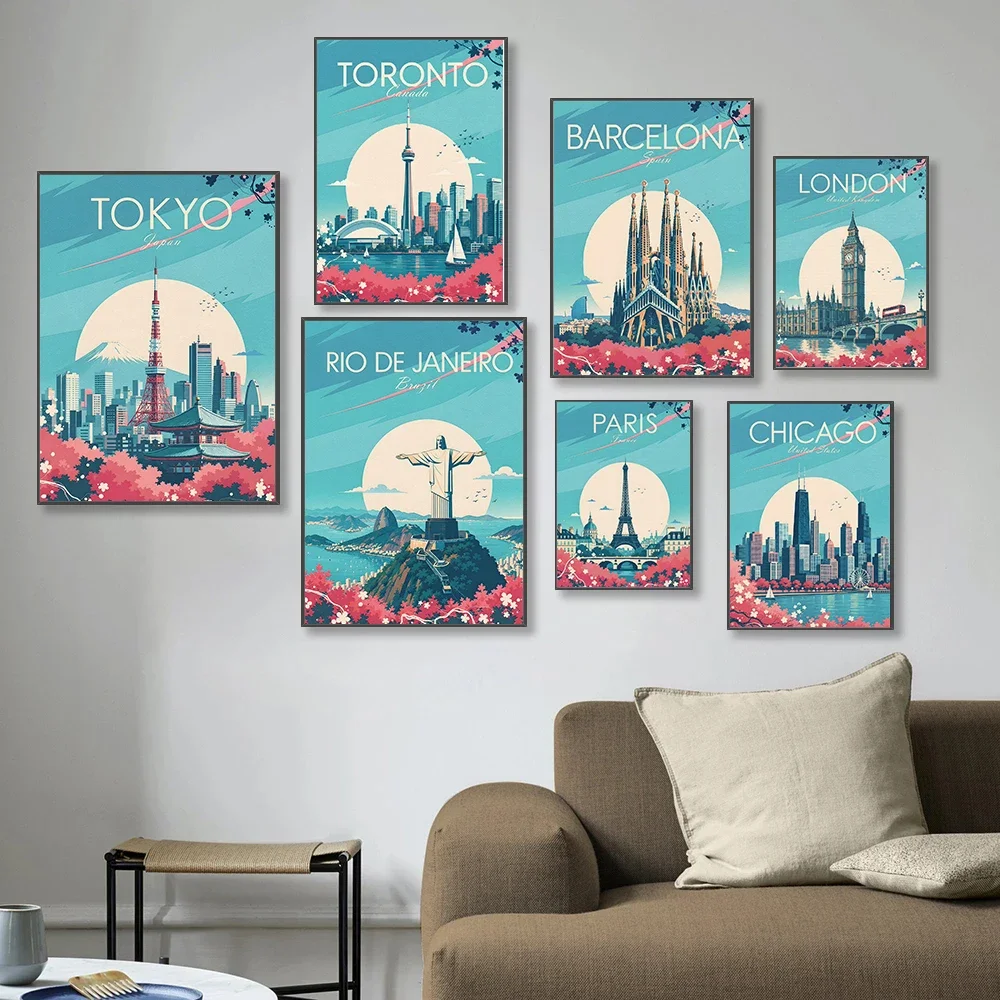 Vintage Style Travel Posters Blue Travel Prints Canvas Painting Natural Wall Art Pictures Home Room Serene Beauty Decoration