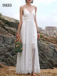 Beach Sexy V-neck lace up Long dress women White 2025 Summer Fashion Lace patchwork Spaghetti Strap dresses Vestidos INKEO 4D040