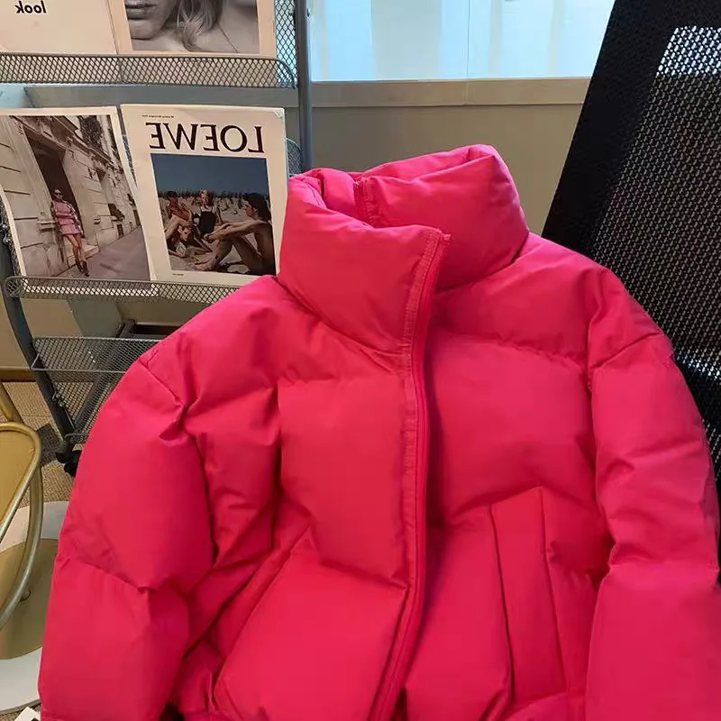 Women\'s Rose Red Parka Jacket Overcoat Thicken Warm Long Sleeve Coat Vintage Harajuku Korean Padded Jacket Winter 2000s Clothes