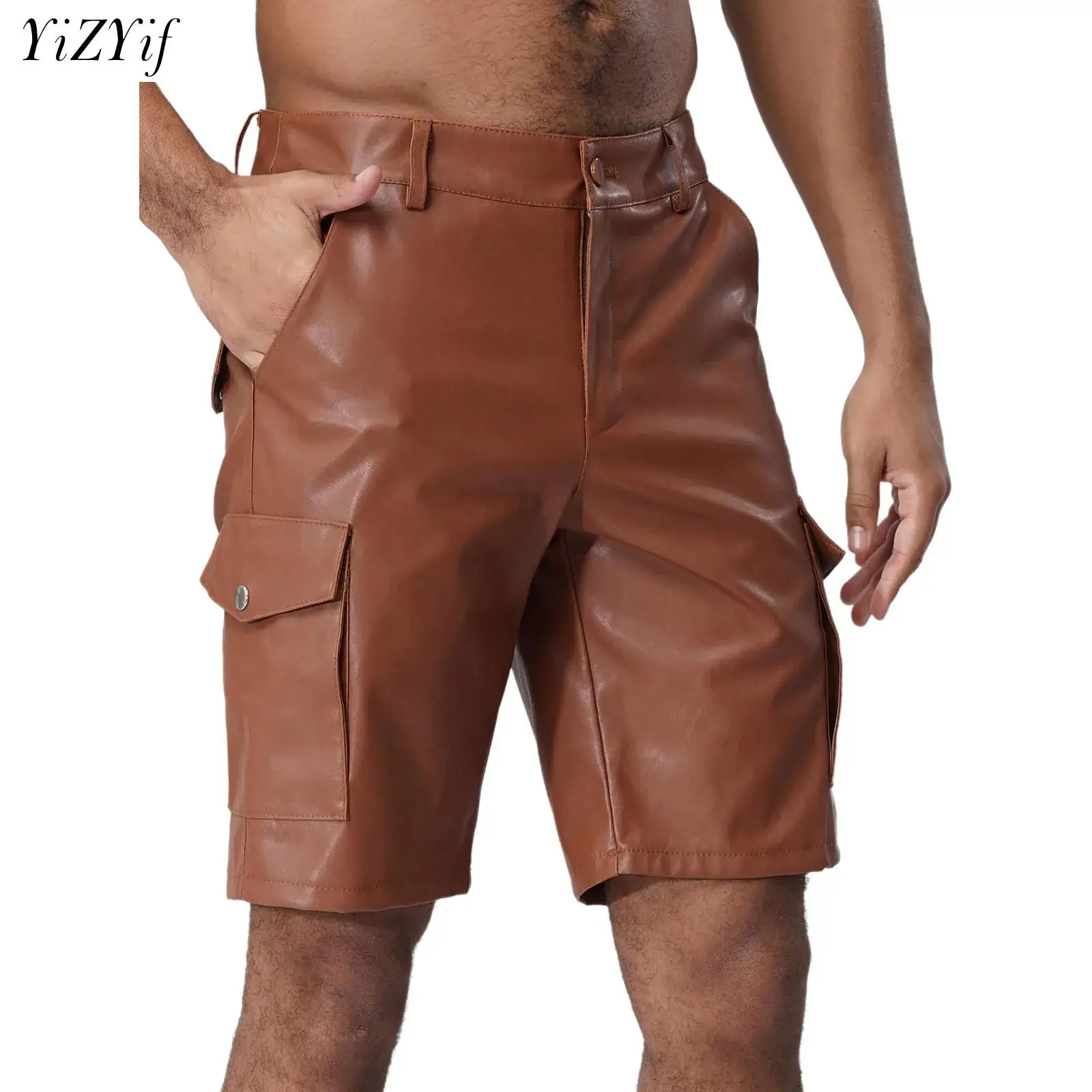 

Мужские мотоциклетные шорты из искусственной кожи, пятые брюки, модные уличные шорты-карго в стиле хип-хоп с карманами, диско-рейв-вечеринка, танцевальная клубная одежда