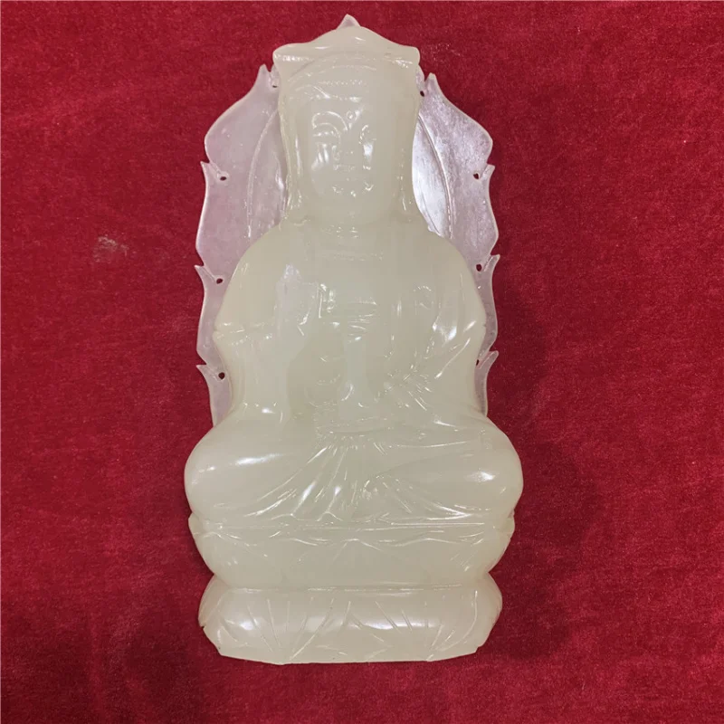 Ornamento de Buda y flor de loto de jade blanco afgano tipo hielo, adorno de Guanyin de jade verde y blanco para oficina y sala de estar
