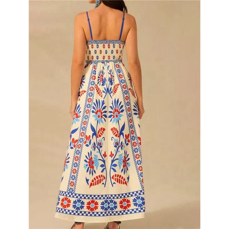 【SEE】สตรี 2025 ฤดูร้อนชุดแม็กซี่ลายดอกไม้แขนกุดสายสปาเก็ตตี้พิมพ์ Smocked Boho ชุดเดรสยาวชายหาด