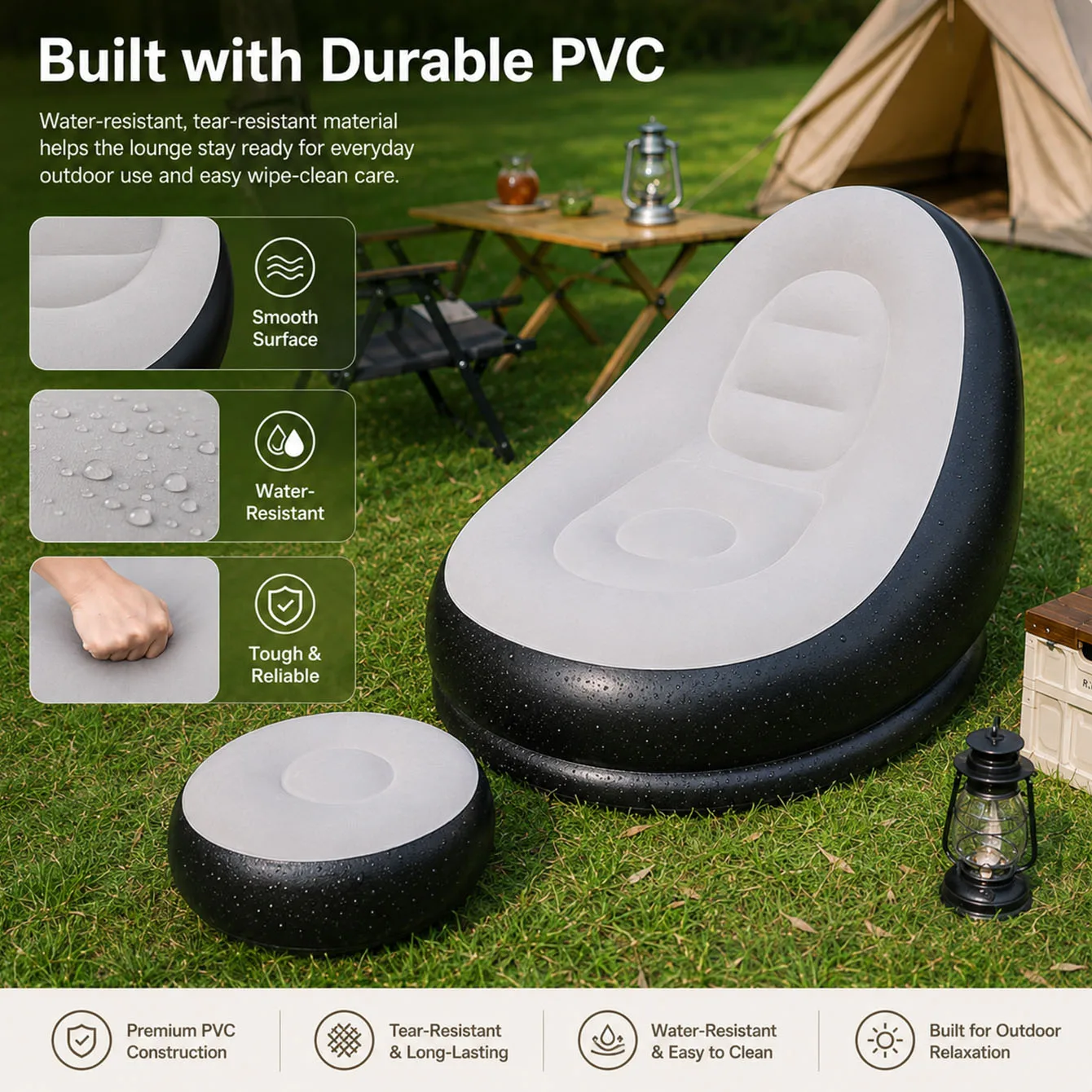 1PC Inflatable Air Sofa Lounge Chair with Matching Ottoman Footstool Portable Outdoor Camping Recliner Garden Seat