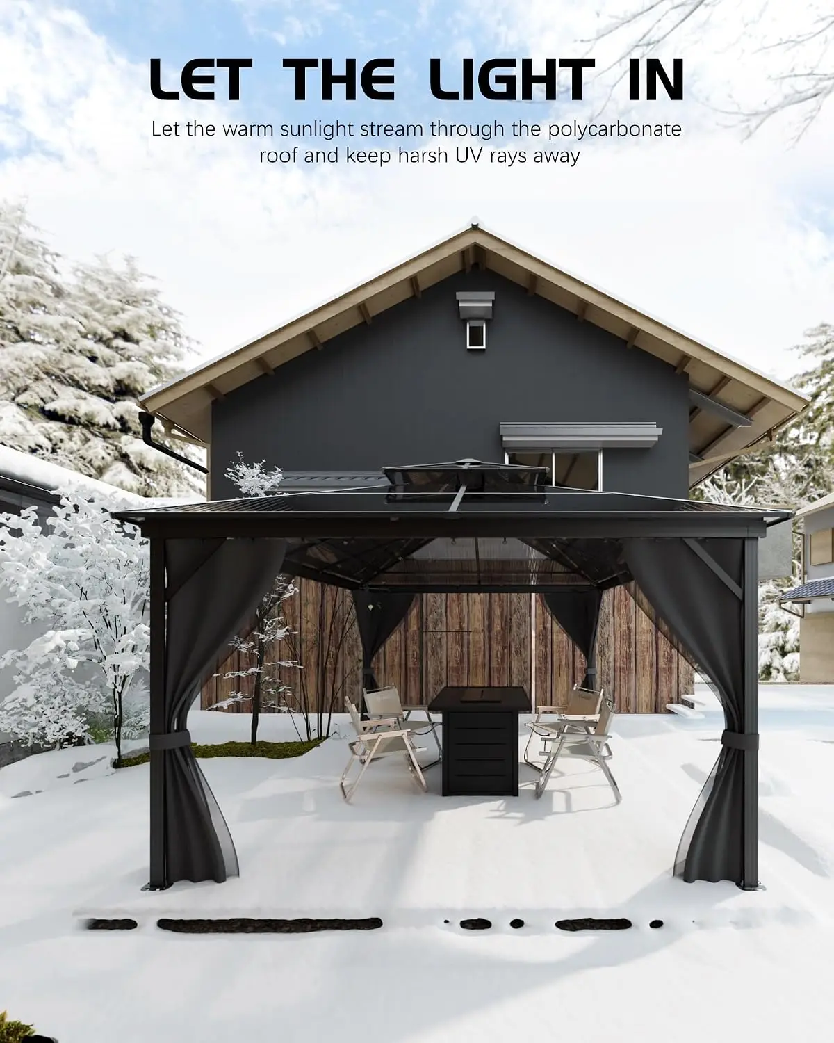 Hardtop Gazebo 10 ft X13 ft, Double Polycarbonate Roof, Aluminum Alloy Frame, Net, and Curtain, Permanent Building, Customized