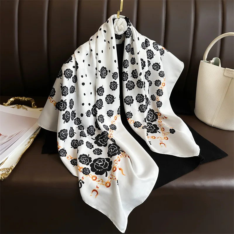 Polka Dot Camellia Silk Scarf 90CM Twill Scarf New Chain Large Square Scarf Sunshade Shawl Head Scarf 90*90CM Scarfs bandana