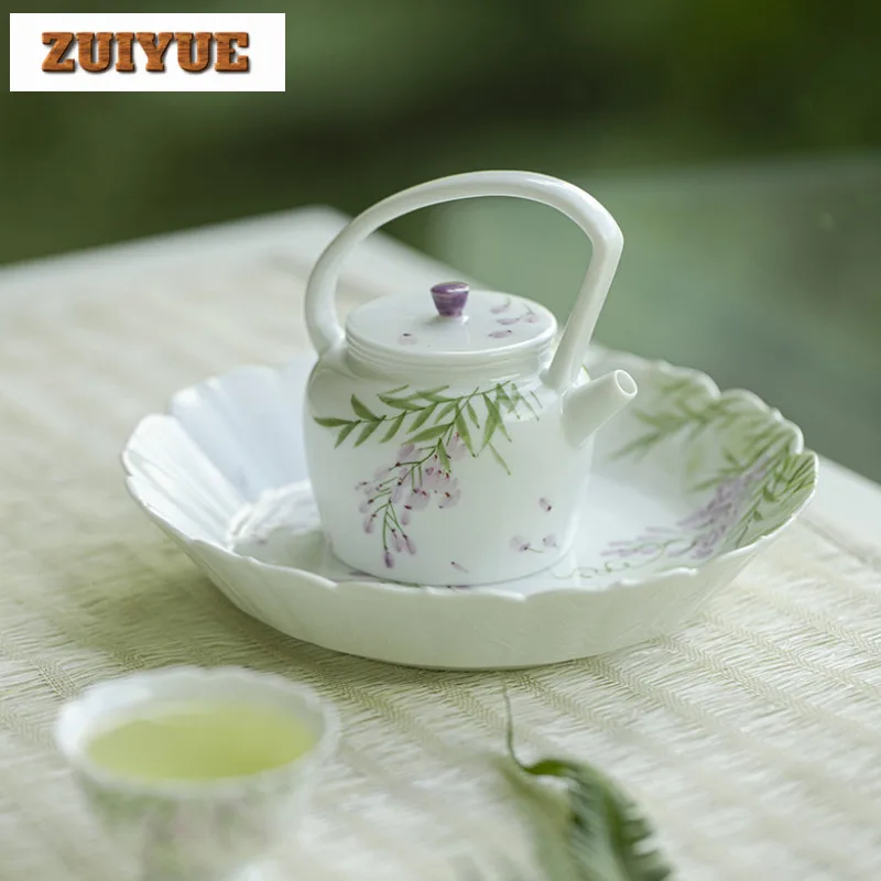 Hand-painted Wisteria Flower Pot Bearing Holder Boutique White Porcelain Dry Brew Table Tea Tray Tea Ceremony Accessories Craft