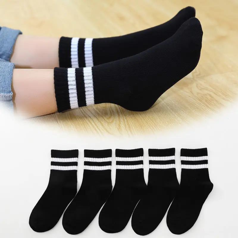 5 Pairs/Lot Autumn Winter High Elastic Simple Children Socks Korean Cotton Stripes Solid Color Alphabet Boys Girls Socks 1-12 Y