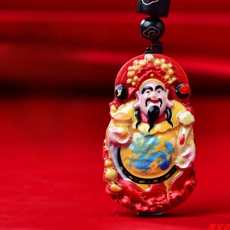 Cinnabar God of Wealth pendant, red sand painted Wuye pendant