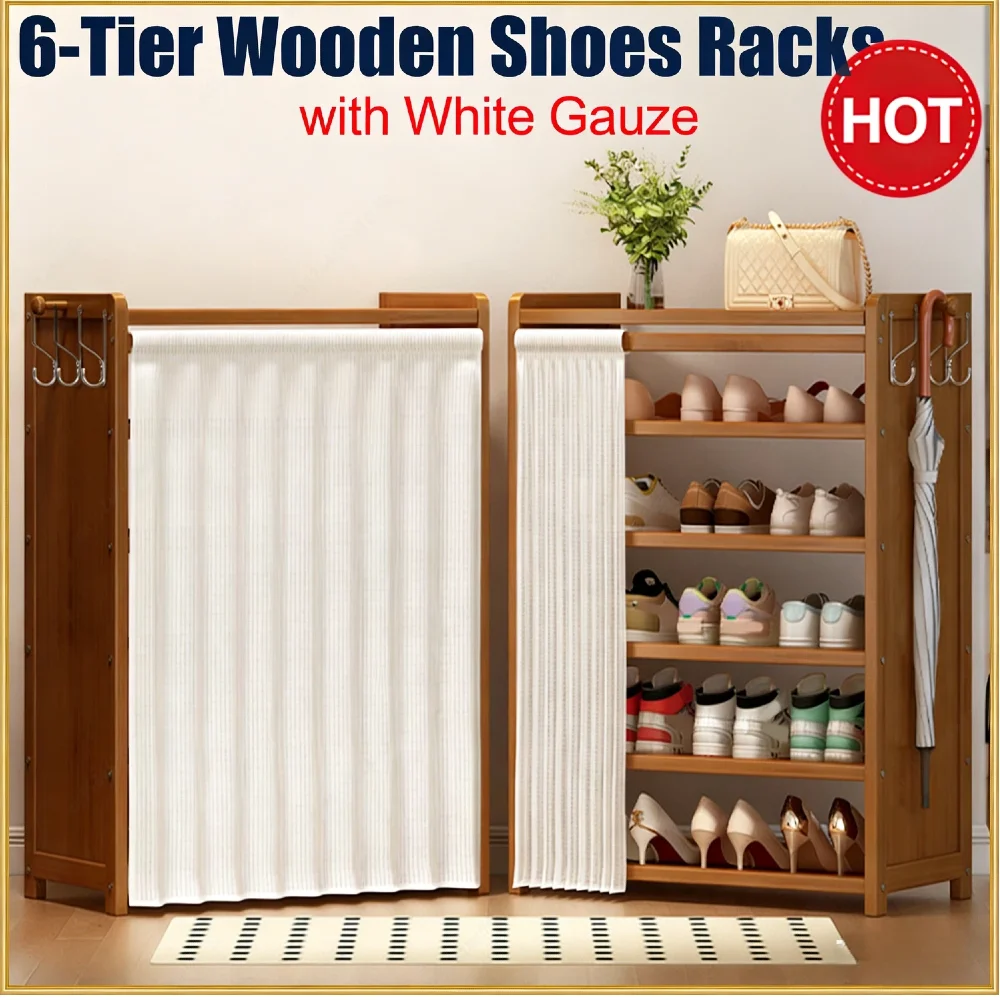 

6-Layer Wooden Shoe Rack Organizer with White Gauze Dustproof Curtain Multifunctional Storage Shelves for Entryway Hallway Livin