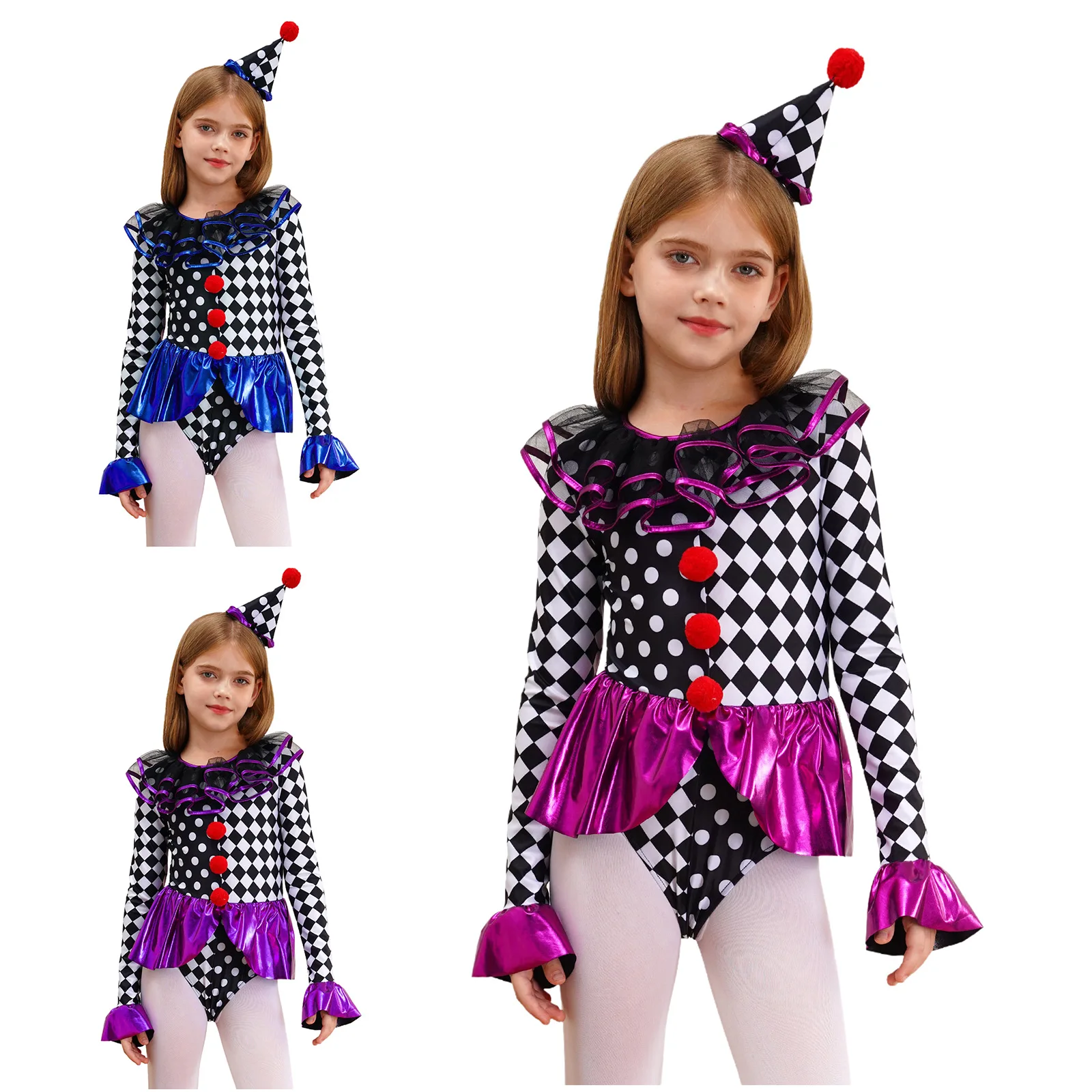 Girls Halloween Circus Clown Cosplay Costume Long Sleeve Ruffle Checkerboard Polka Dots Pom Poms Role Play Bodysuit with Hat