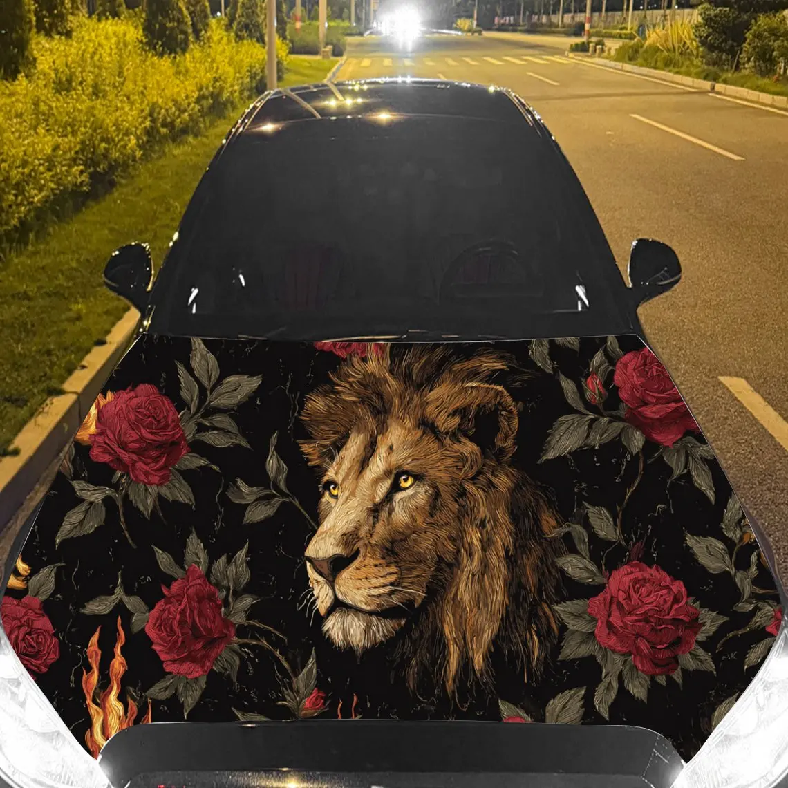 

Car Decals A Lion Design with Red Rose and Textured Background & Artistic, Distinctive Visual Details Car Hood Sticker, Waterpro