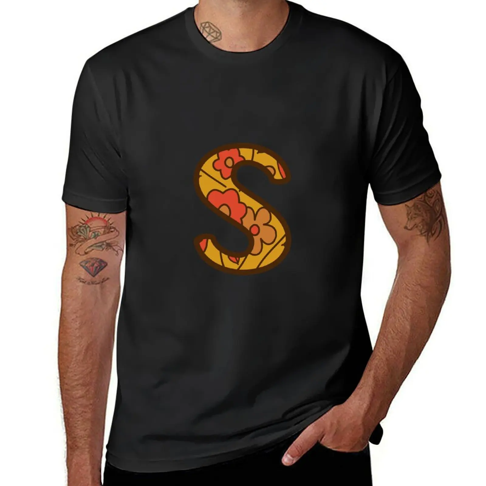 

Alphabet Initial S With Flowers Yellow Brown Orange T-Shirt hippie clothes cute clothes Men's clothing