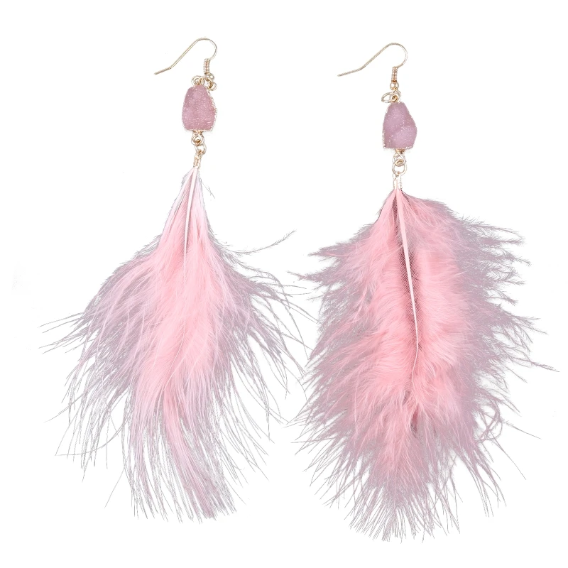 Unique Natural Feather Tassel Shape Stud Earrings Pink Color Earrings for Women Lovely Fashion Large Ear Jewelry