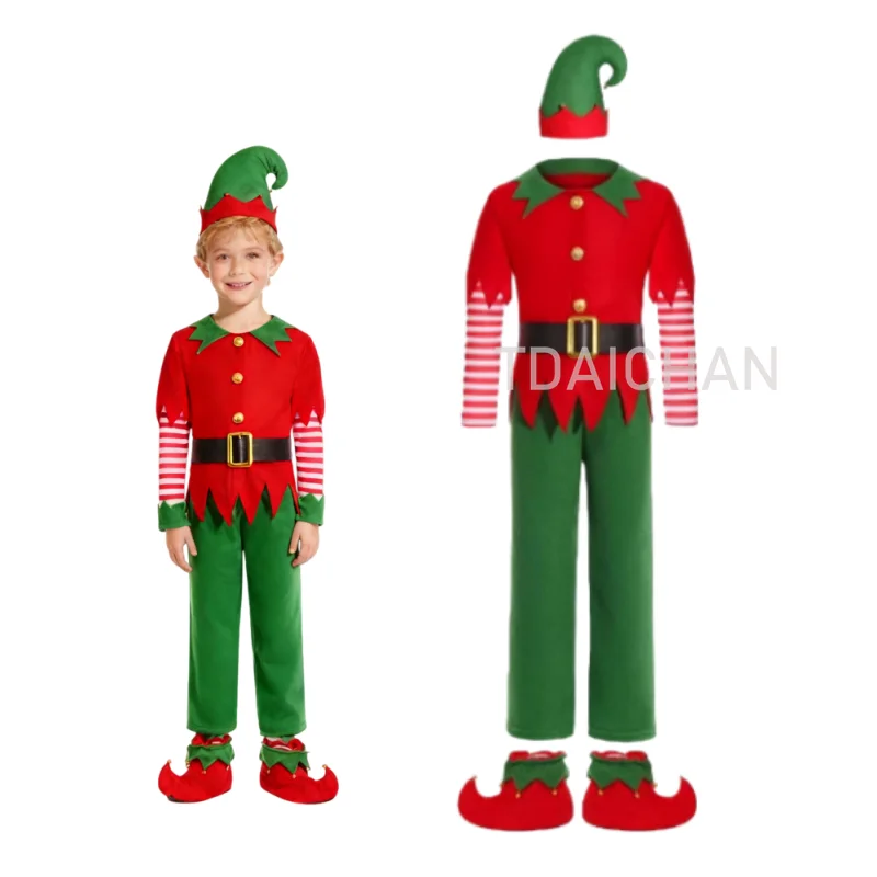 Conjunto de disfraz de elfo de Navidad, traje rojo y verde con sombrero, calcetines a rayas, zapatos, cinturón, perfecto para fiestas festivas, juego de rol, aspecto familiar