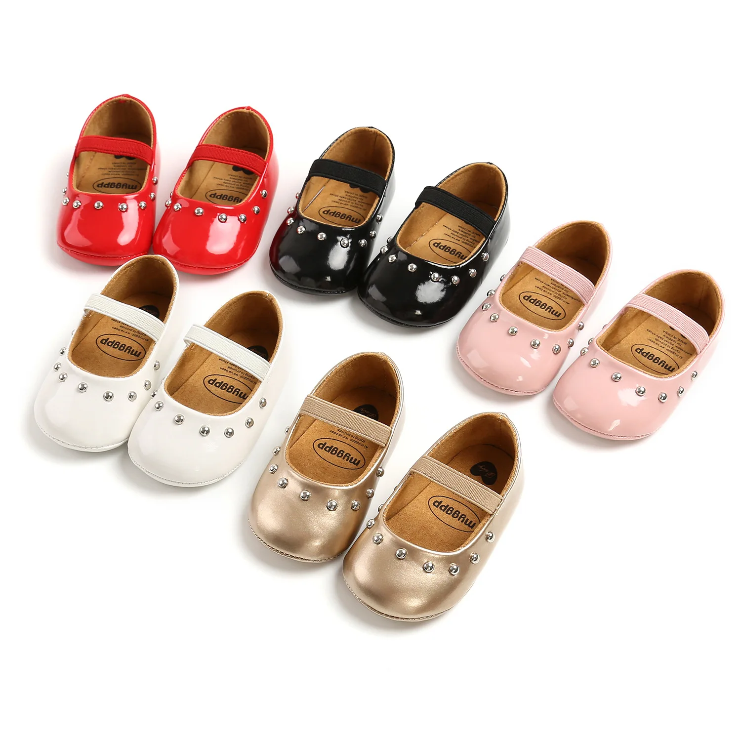 2021 Spring Newborn Baby Girls Shoes PU Leather Rivet First Walkers Red Black Pink White Soft Soled Non-slip Crib Shoes