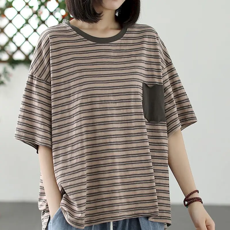 100% Cotton T Shirts Women Fashion Striped Oversized T-shirt Literary Loose Short Sleeve Tops Summer Trend Thin Aesthetic Tshirt