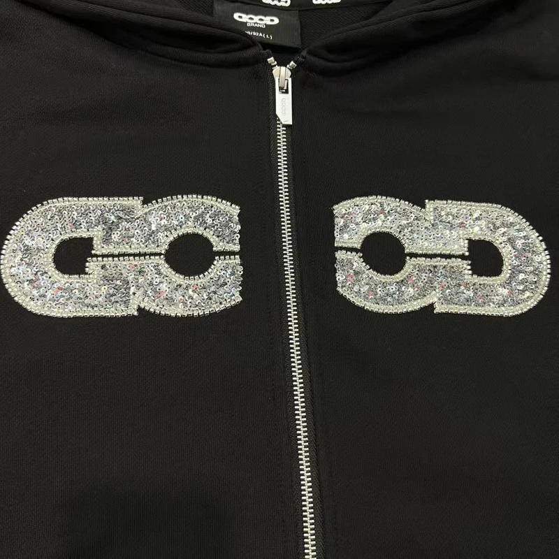 Goodbrand Hoodies American High Street Letter Map Sequins Embroidery Fashion Hooded Sweatshirts Zipper Tops Men's Clothing