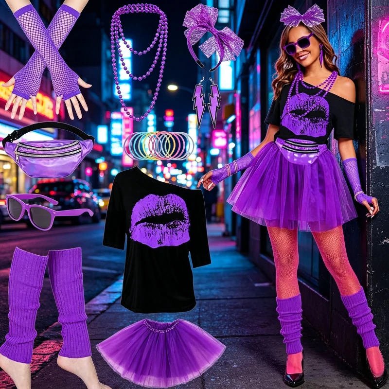 European & American Vintage Women Lip Print Set Flexible Wear Outfit Festival Party Costume