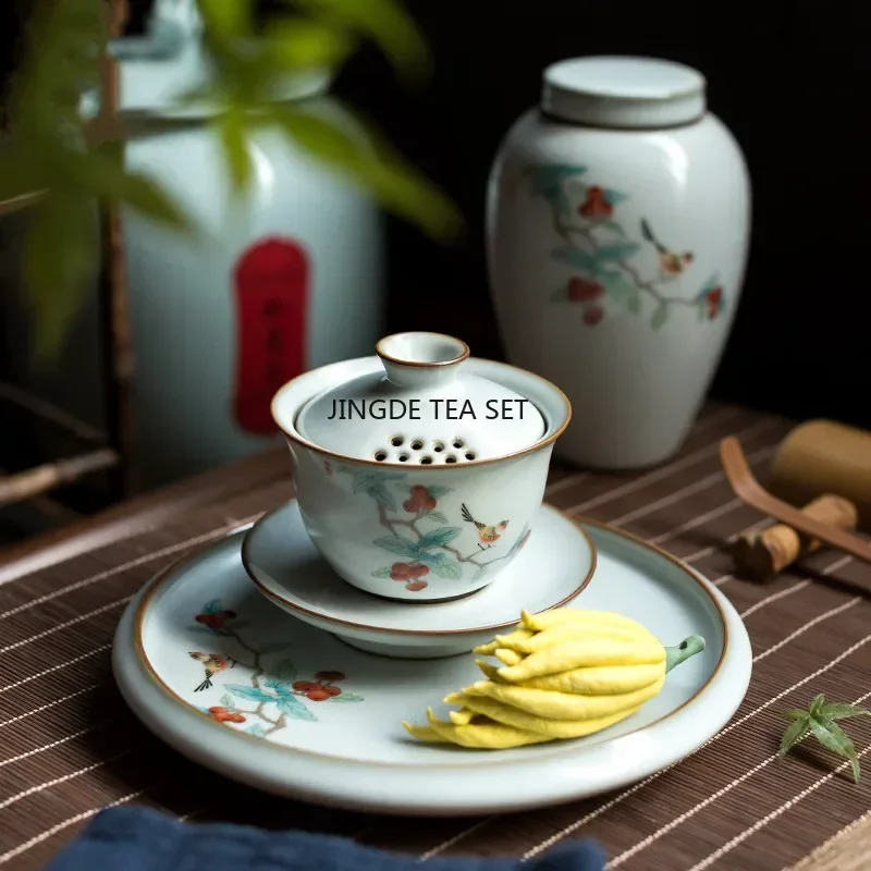 Chinese Handmade Ru Kiln Tea Cup with Cute Cat Pattern Ceramic Lid Bowl Travel Tea Set