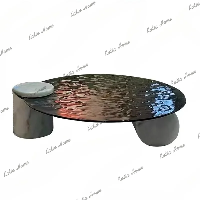 YJ Baxter Water Ripple Tempered Glass Coffee Table for Living Room Modern Minimalist Round Side Table