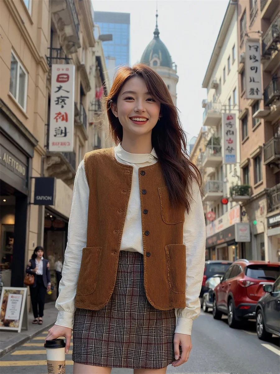 Damskie kamizelki oversize brązowe luźne jesienne grube w stylu old money eleganckie bez rękawów proste klasyczne wytworne modne damskie