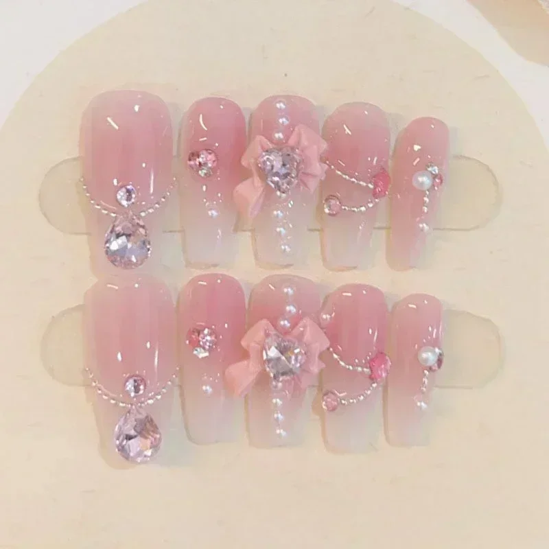 10Pcs Handmade Press on Nails Full Cover Elegant Design French Ballerina Cute Pink False Nails Wearable Manicure Nail Tips Art