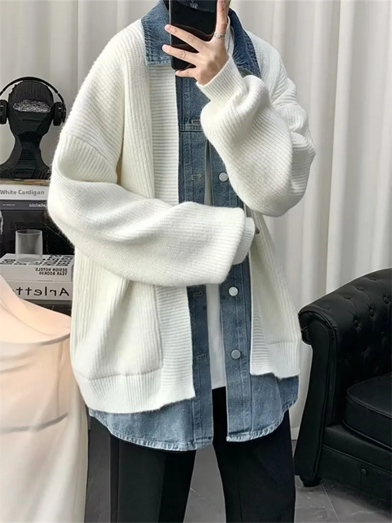 Denim Patchwork Fake Two-Piece Open Cardigan Sweater Men's Autumn Winter Casual Loose Knitted Wear for Youth Spring 2024