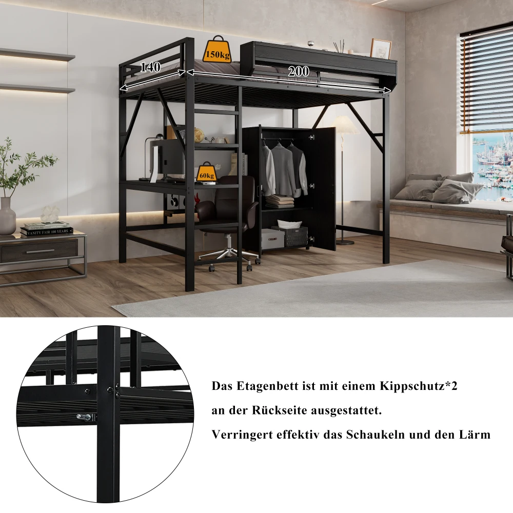 PINGGO Eisen-Hochbett mit Schreibtisch, Doppelstauraum, Kleiderschrank, Eisen-MDF, Schwarz, 140x200cm, ohne Matratze – Detail 9