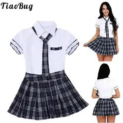 Womens School Uniform Cosplay Set Short Sleeve Shirt with Tie and Plaid Skirt Fancy Dress High School Girls Cosplay Costume