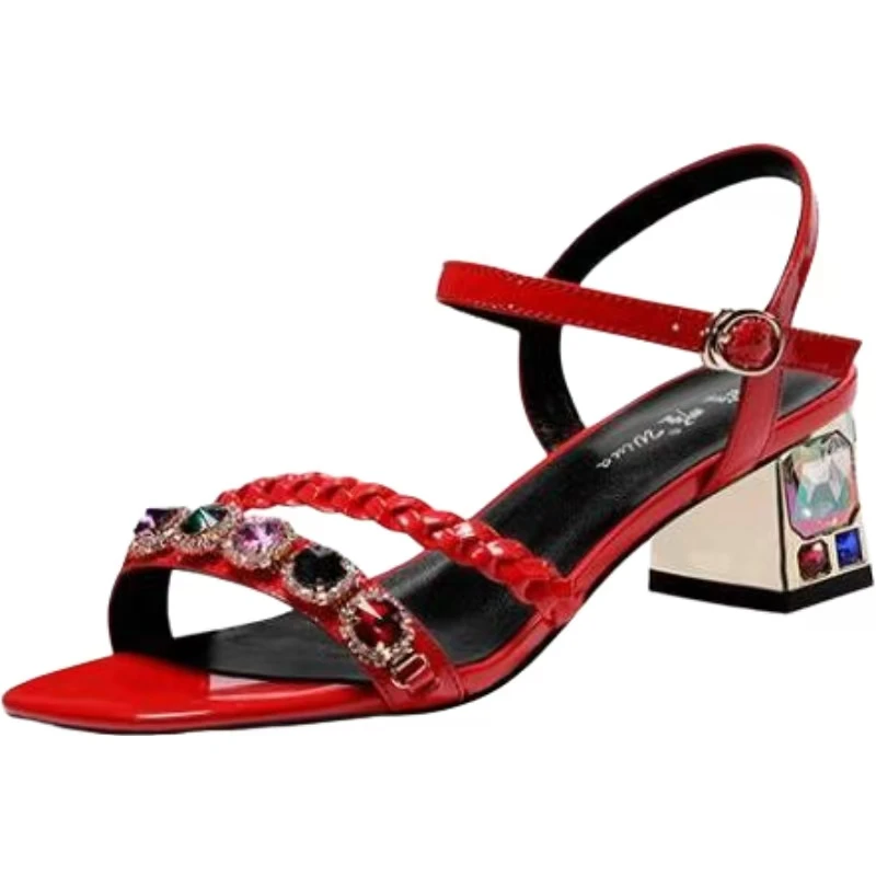 2026 Summer New Women Block Heel Rhinestone Sandals Soft sole Open Toe Buckle Strap Fashionable Match The Skirt Sandals