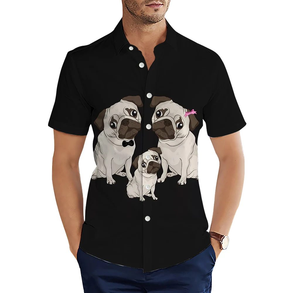

HX Animals Mens Shirts Cartoon Pugs Familys 3D Printed Casual Shirts Short Sleeve Tops Man Clothing Camisas Dropshipping