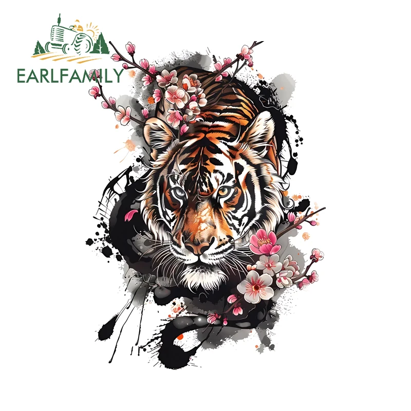 EARLFAMILY Ink Plum Blossom Tiger Car Stickers Motorcycle Vinyl Car Wrap Funny Animal Decal Occlusion Scratch Laptop Car Styling