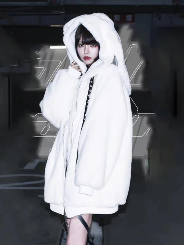 Lautaro Herbst Übergroßer süßer süßer weicher lila schwarzer Kunstpelzmantel Damen mit Hasenohren Kawaii lose flauschige Jacke Hoodie 2023 – Detail 17