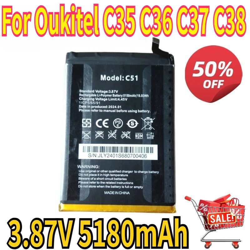 3.87V 5180mAh Battery for Oukitel C35 C36 C37 C38 Smartphone Accessories