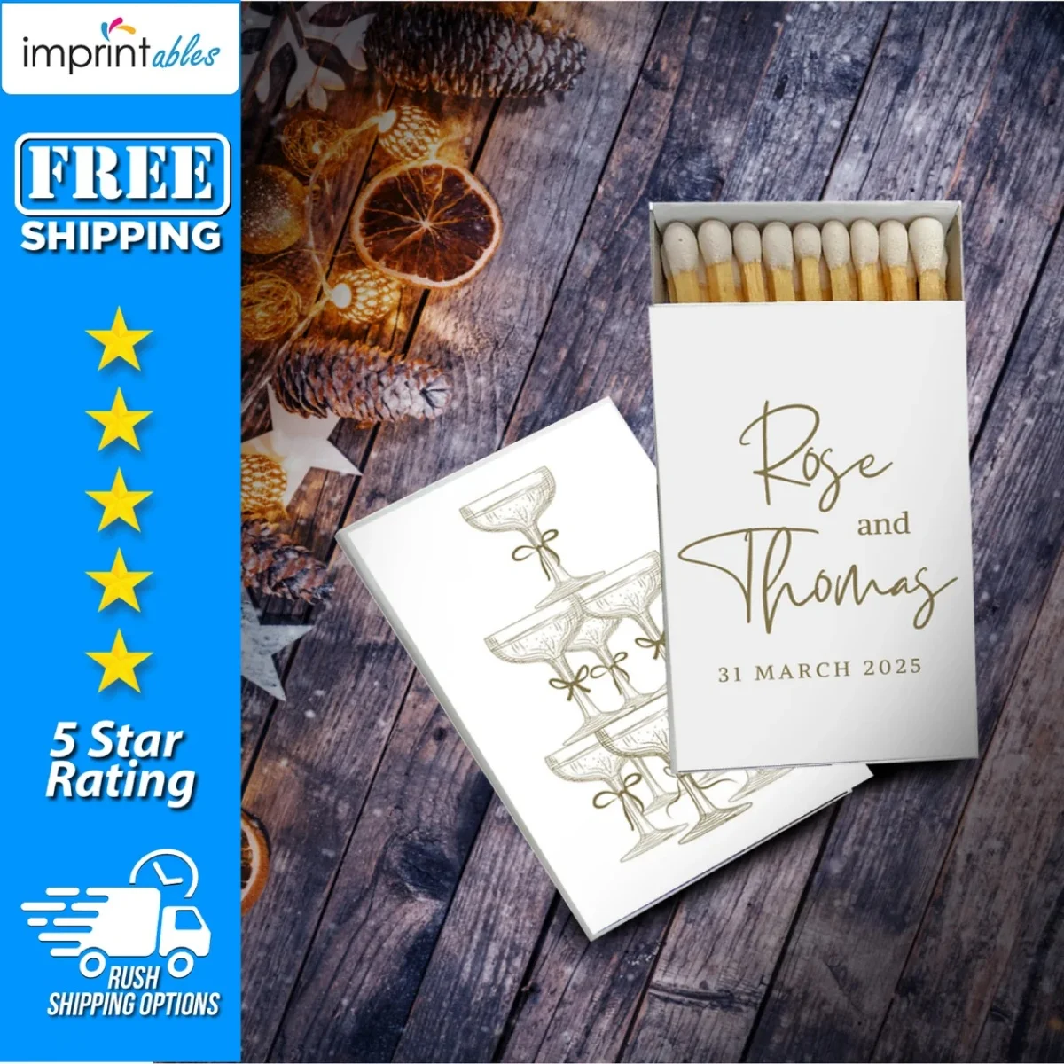 

Custom Wedding Matches Box, Personalized Matchboxes, Champagne with Bow Match| Custom Wedding Favors, Custom Matches