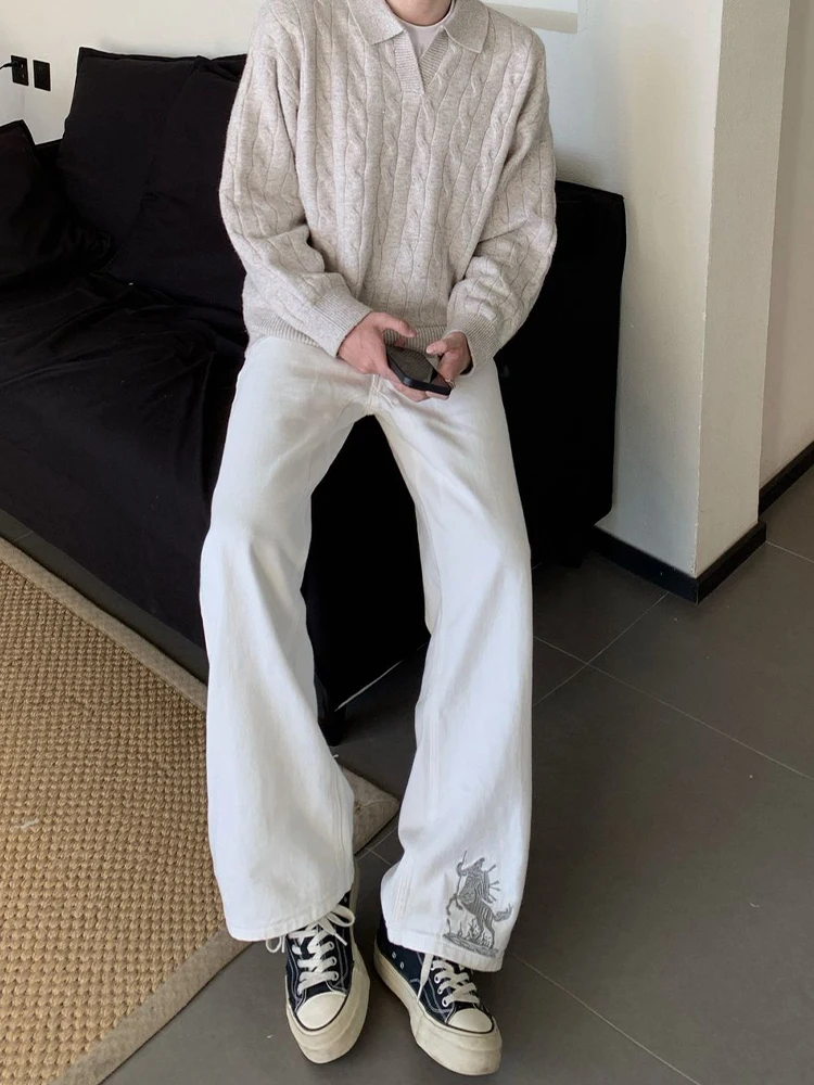 

Белые американские джинсы с вышивкой для мужчин, зимние, модные, прямые, расклешенные, повседневные, молодежные, прямые джинсы-клеш